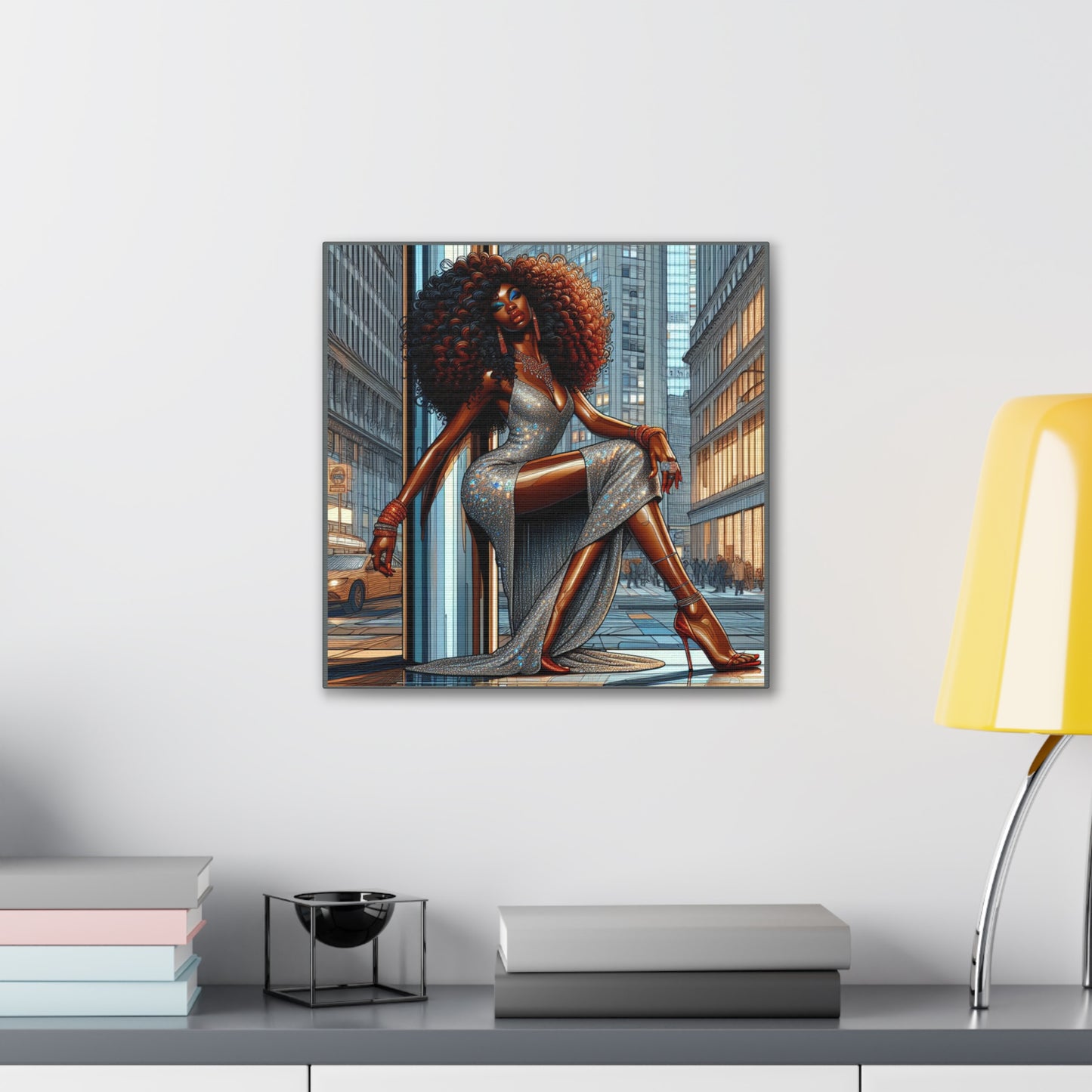 Chic Urban Canvas Art - Glamorous Fashionista Wall Decor, Black Art Collection, Beautiful Black Woman Posing Silver and Gray Canvas Art