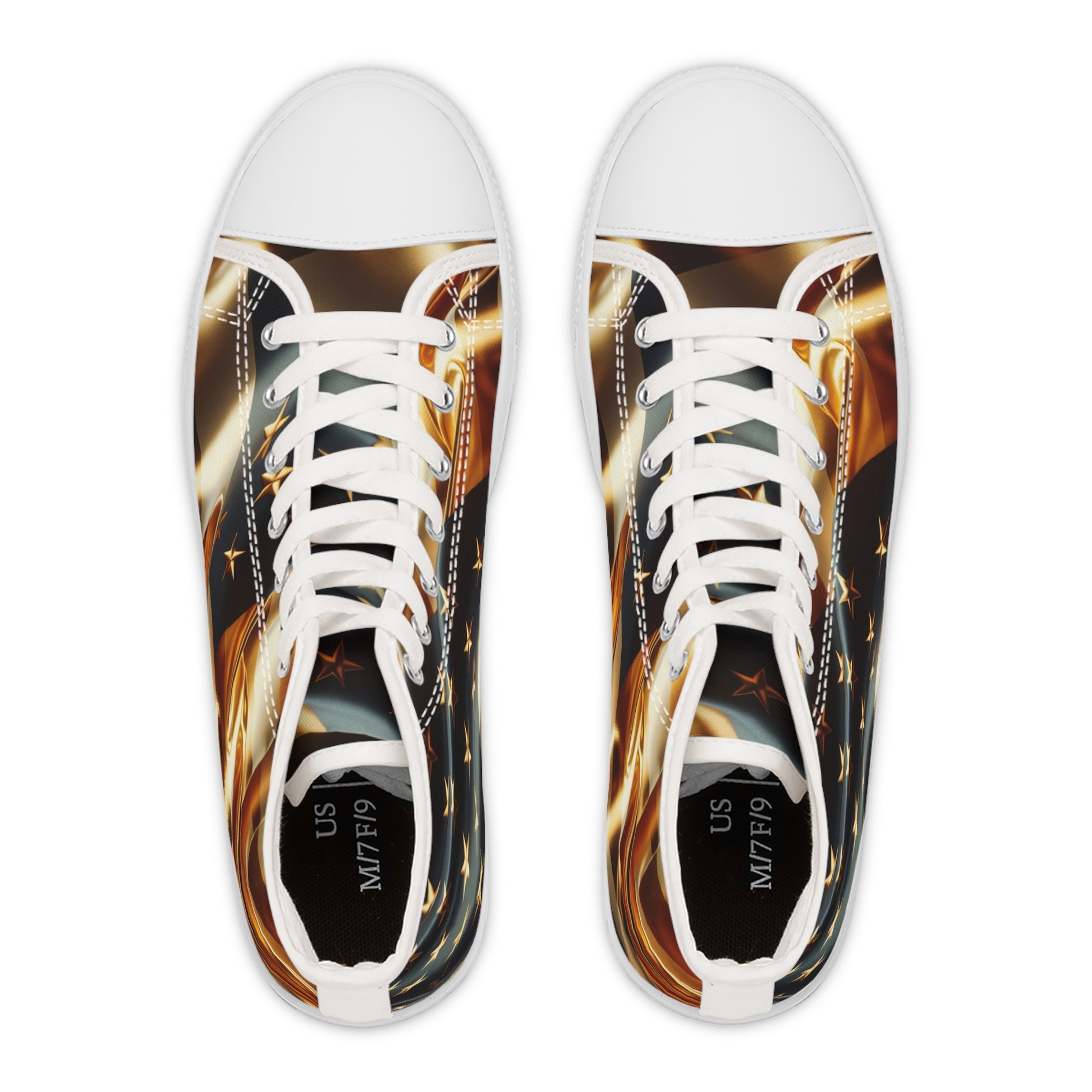 Patriotic High-Top Sneakers, Stylish Sneakers for Women, Gold Americana Footwear, Women Festival Shoes, Perfect for Summer Events