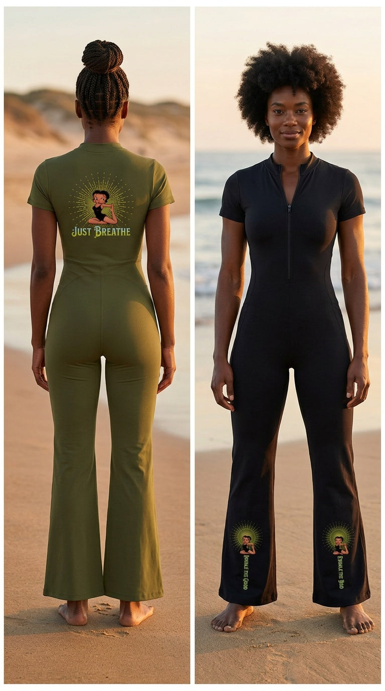 Women's Flared Leg Quarter-Zip Jumpsuit – Short Sleeve Bodycon Maxi Jumpsuit for Casual, Sport & Holiday Wear