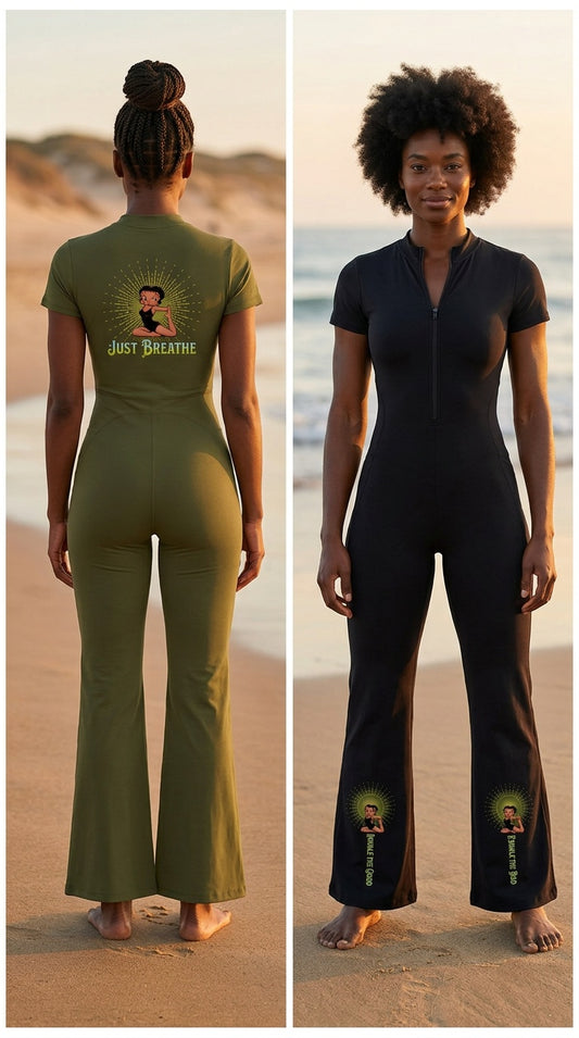 Women's Flared Leg Quarter-Zip Jumpsuit – Short Sleeve Bodycon Maxi Jumpsuit for Casual, Sport & Holiday Wear