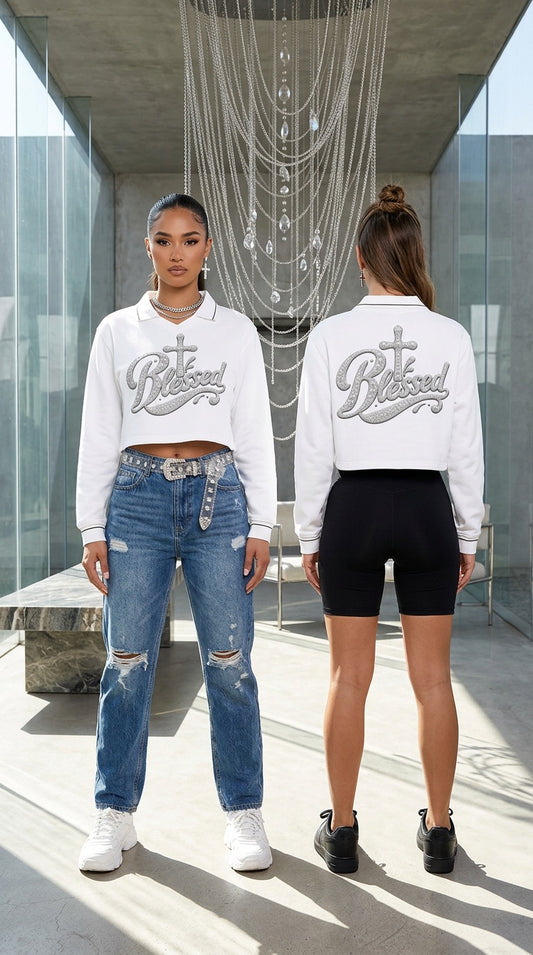 Women's Blessed Crop Collared Sweatshirt – Long Sleeve Cotton Top