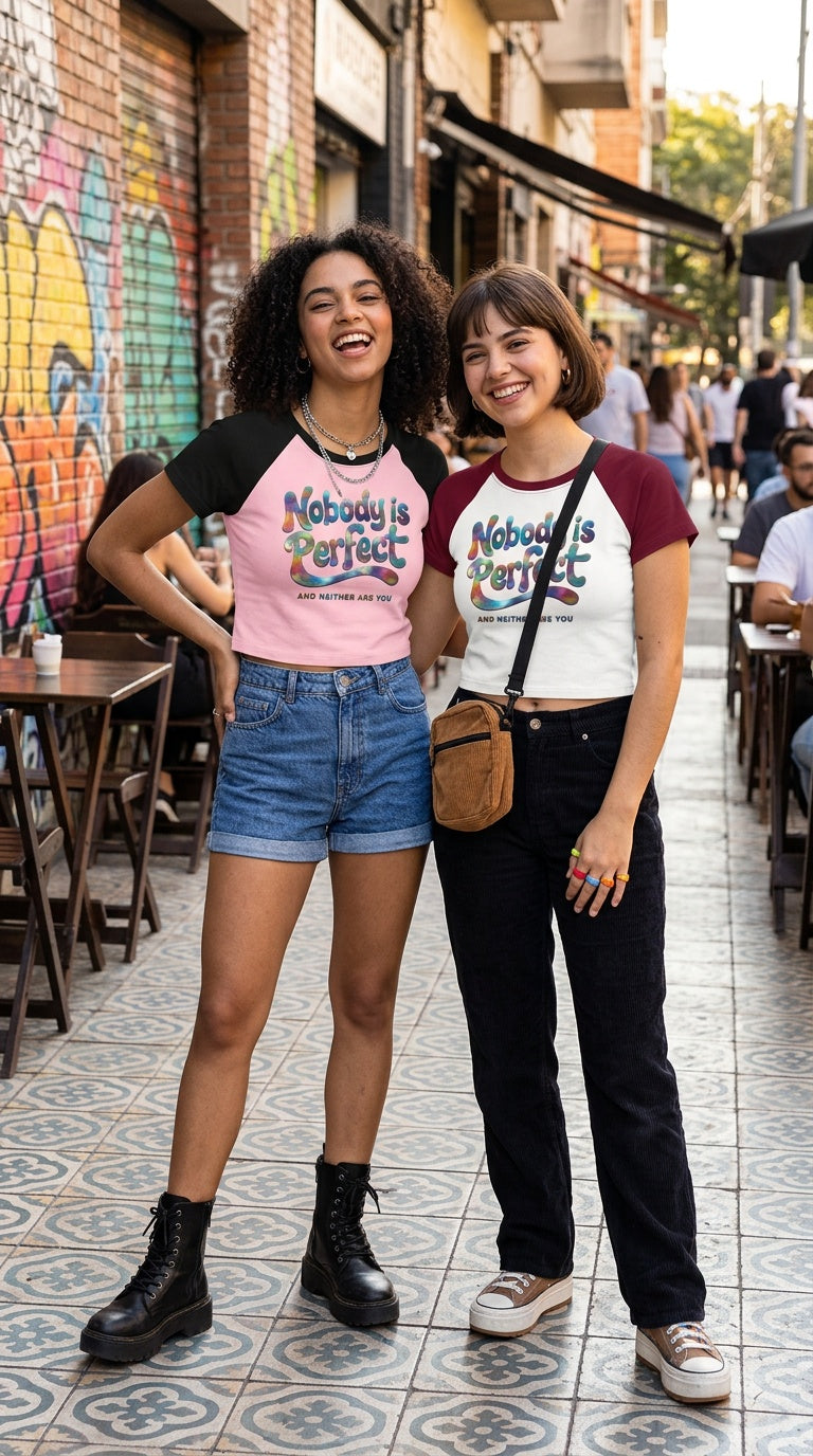 Women's Nobody is Perfect Raglan Color Block Baby Crop T-Shirt