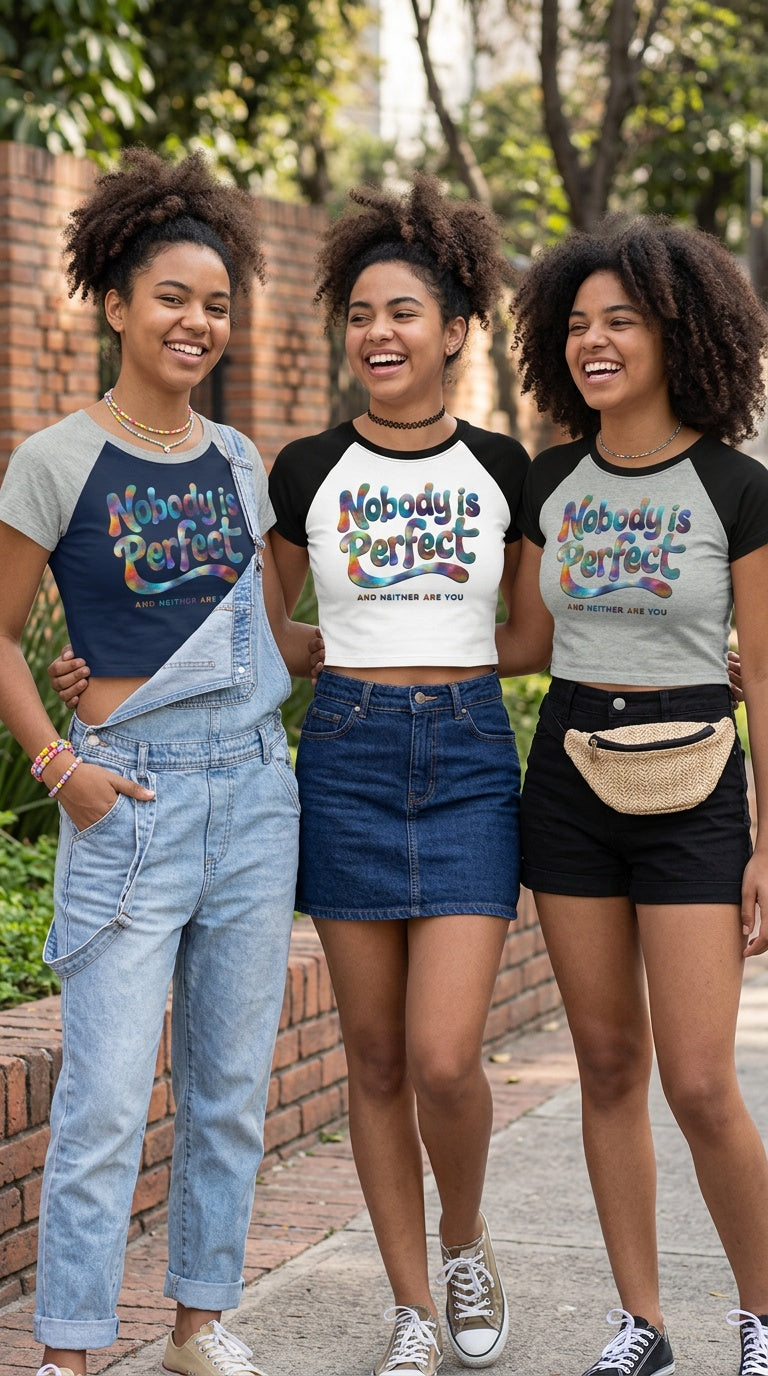 Women's Nobody is Perfect Raglan Color Block Baby Crop T-Shirt