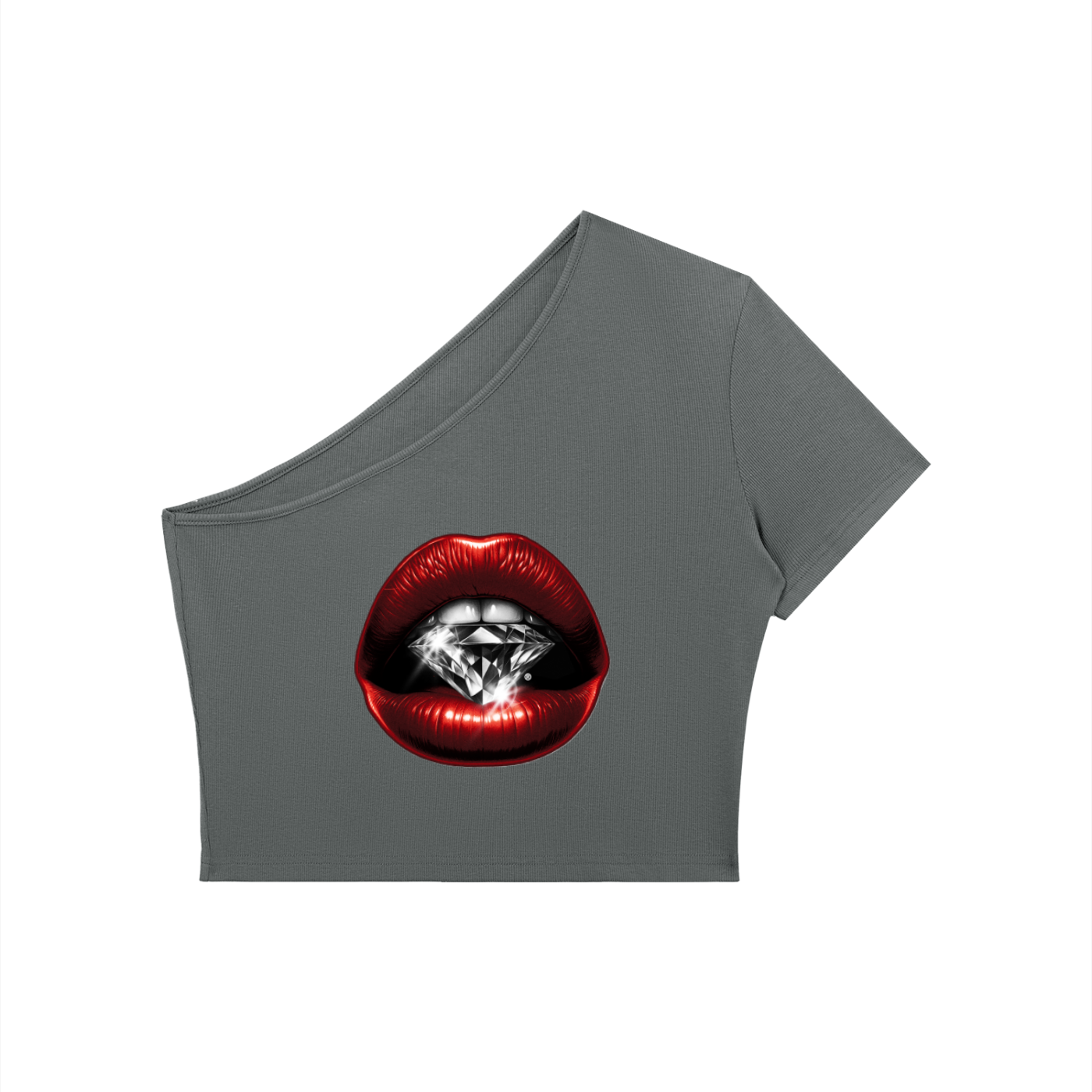 Women's One-Shoulder Crop T-Shirt – Red Lips Print | Bodycon Summer Top