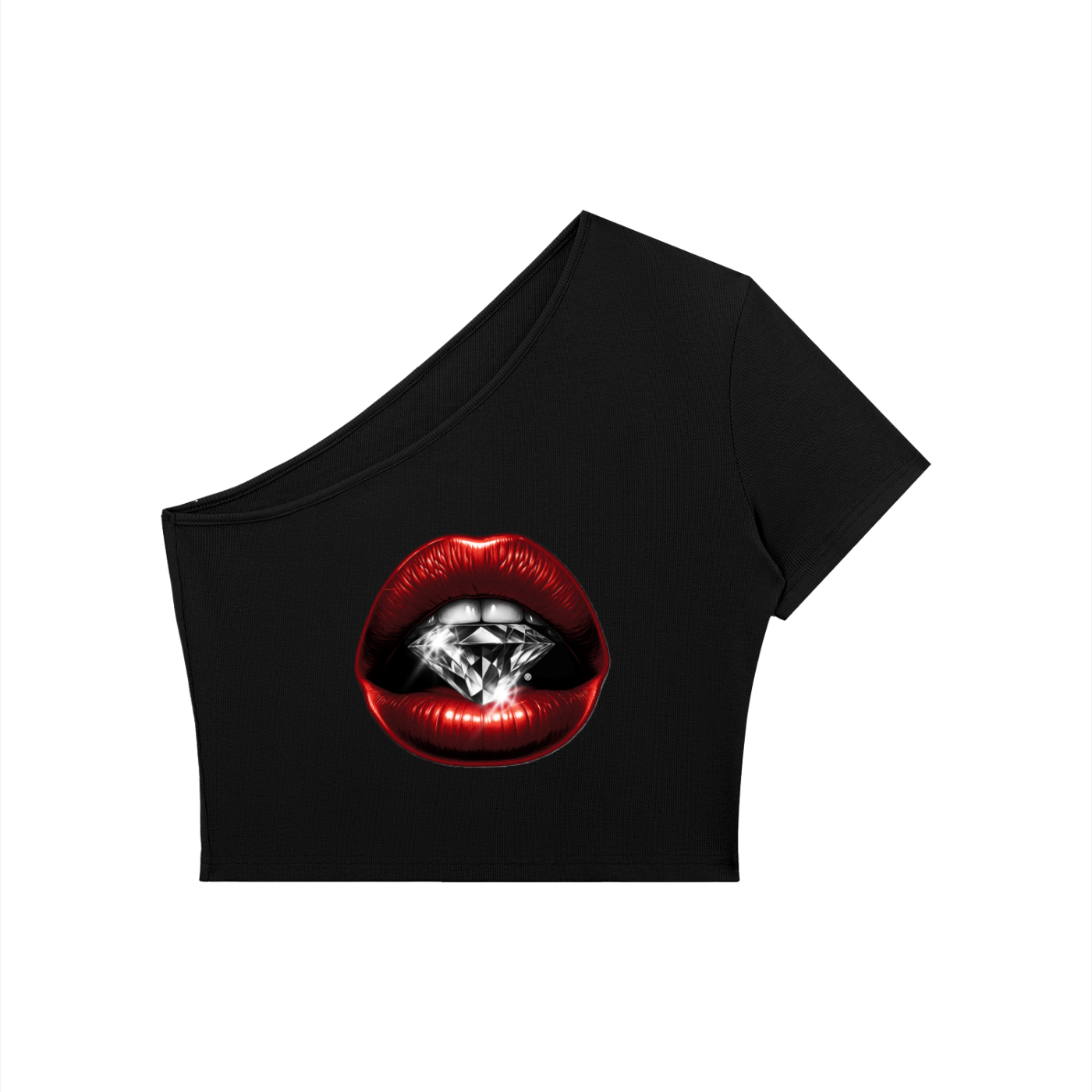 Women's One-Shoulder Crop T-Shirt – Red Lips Print | Bodycon Summer Top