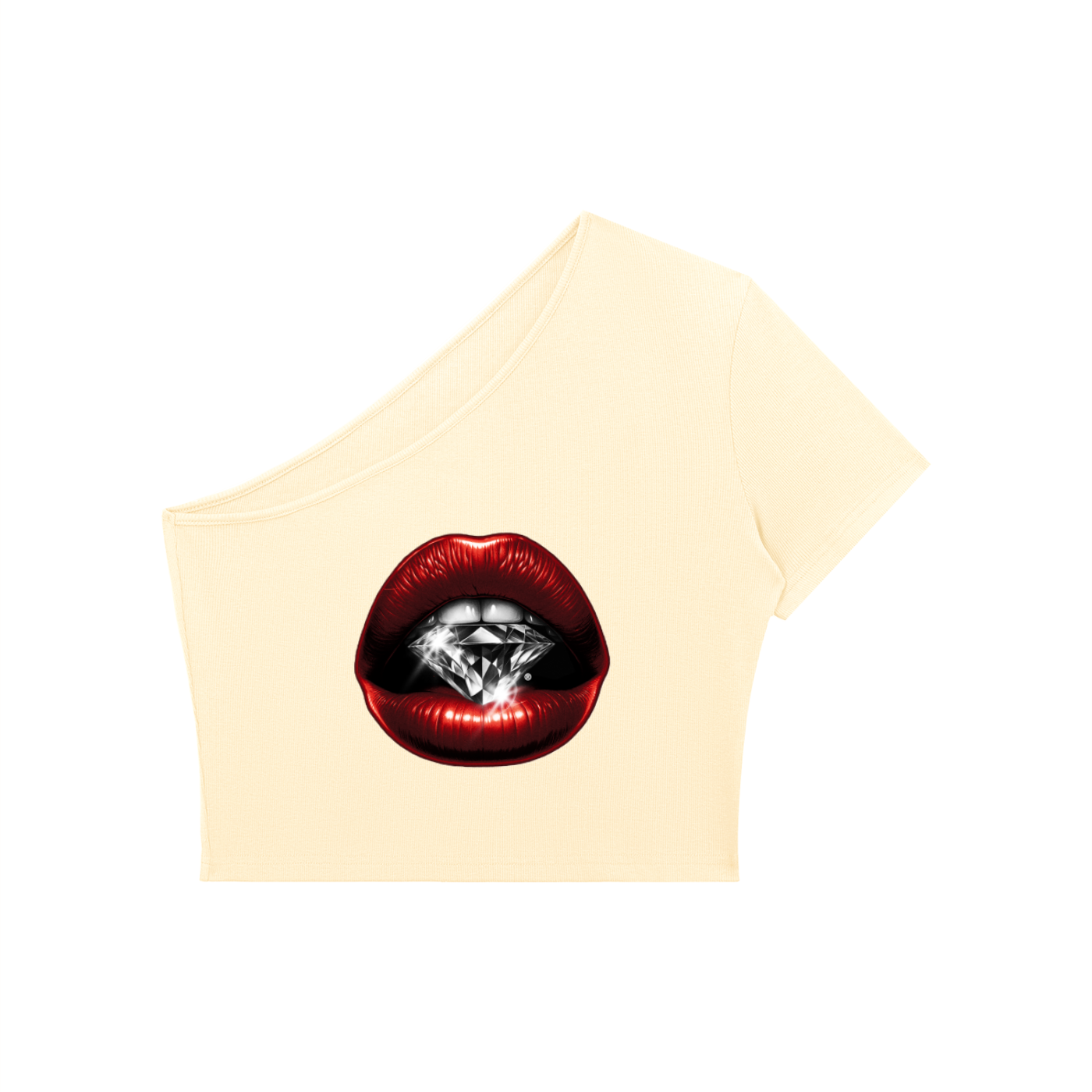 Women's One-Shoulder Crop T-Shirt – Red Lips Print | Bodycon Summer Top