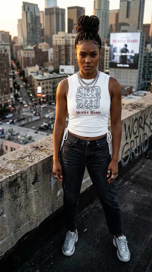 "Sleep When Dead" Women's Drawstring Crop Graphic Tank Top