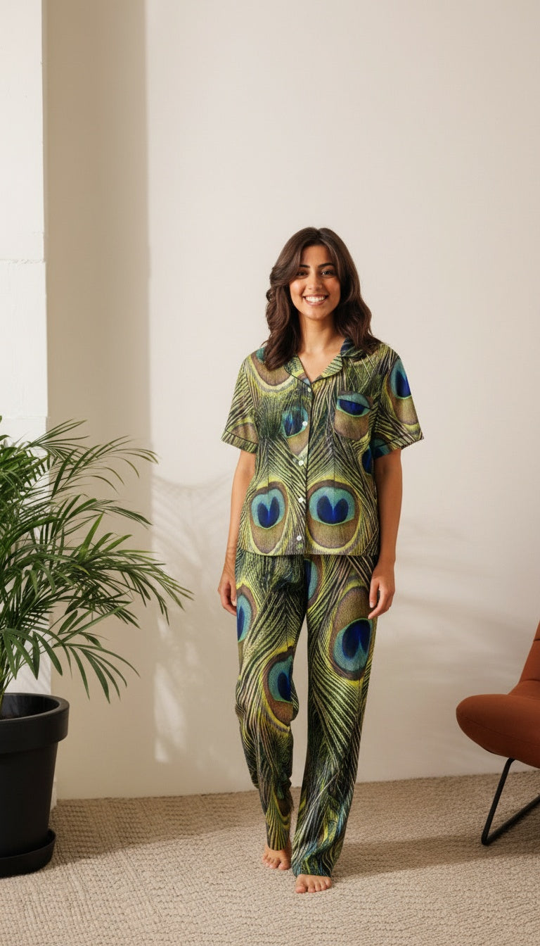 Peacock Print Women’s Short Sleeve Pajama Top