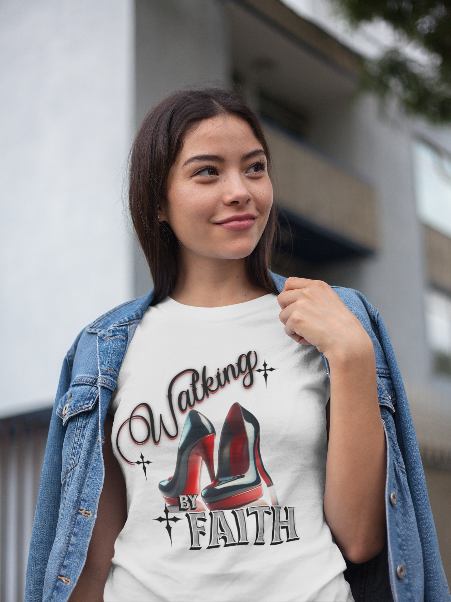 Walking by Faith Graphic Tee, Inspirational Unisex Jersey Short Sleeve T-Shirt, Faithful Footsteps in Red Bottom Shoes, Louboutin Shoe Graphic Religious Tee