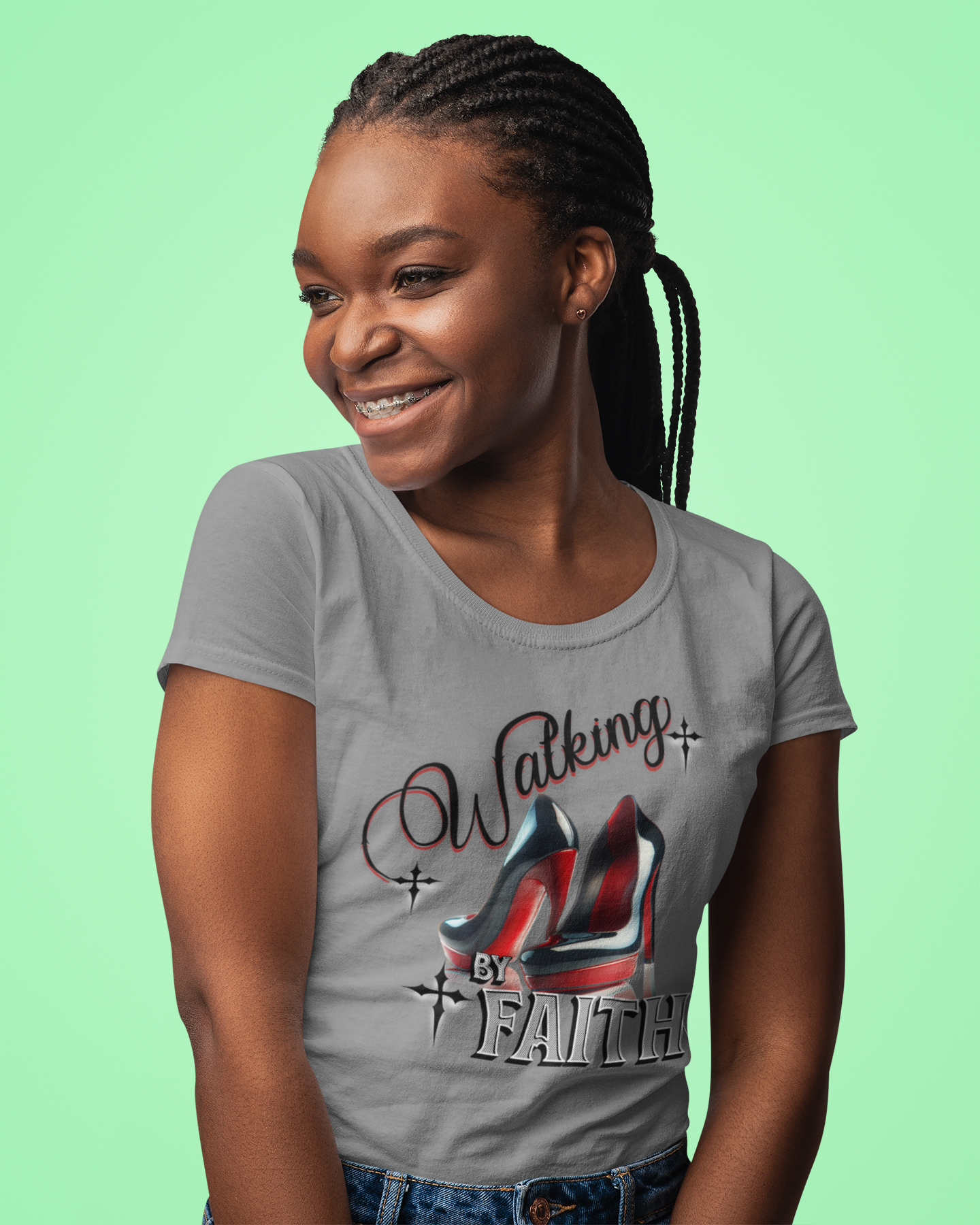 Walking by Faith Graphic Tee, Inspirational Unisex Jersey Short Sleeve T-Shirt, Faithful Footsteps in Red Bottom Shoes, Louboutin Shoe Graphic Religious Tee