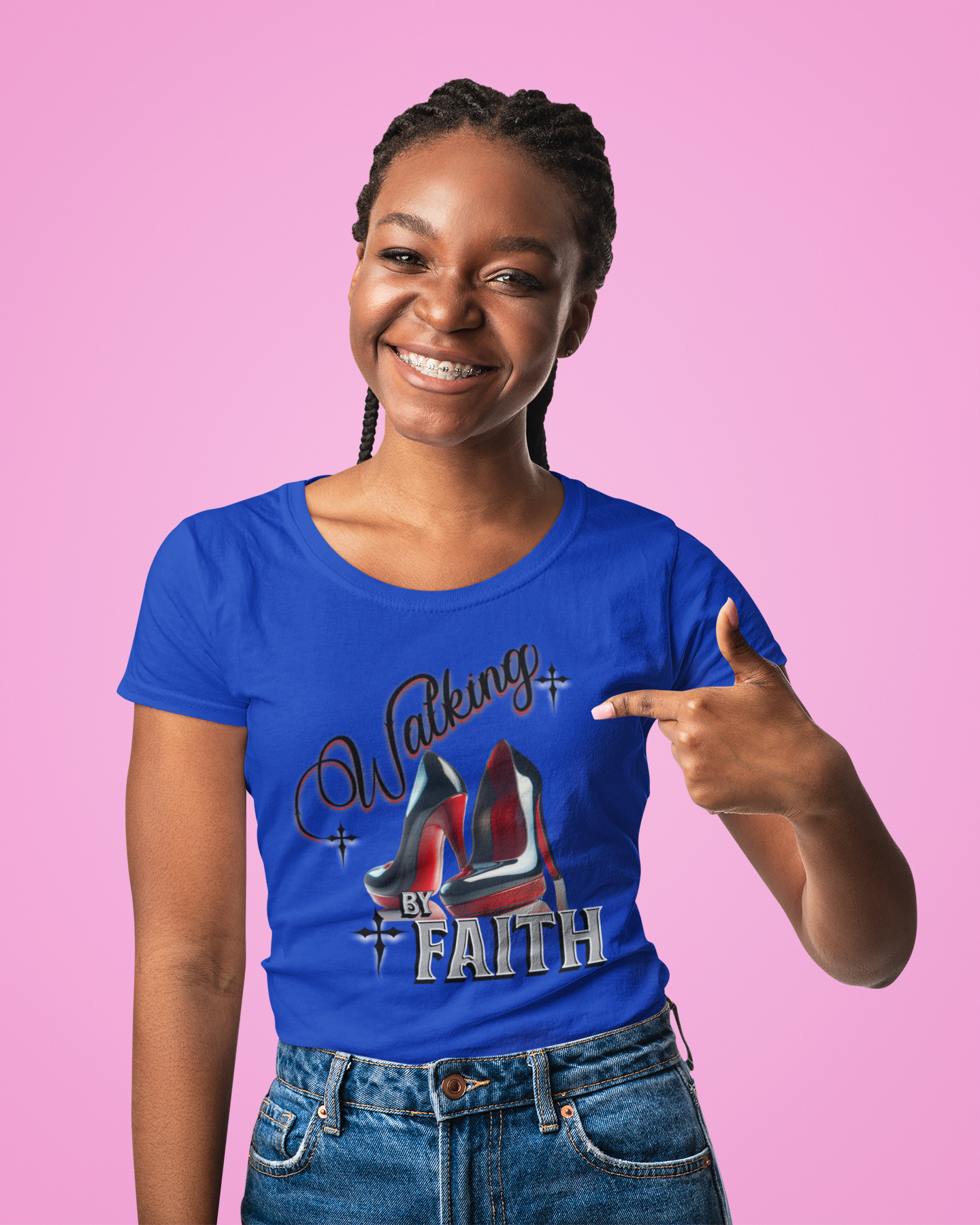 Walking by Faith Graphic Tee, Inspirational Unisex Jersey Short Sleeve T-Shirt, Faithful Footsteps in Red Bottom Shoes, Louboutin Shoe Graphic Religious Tee