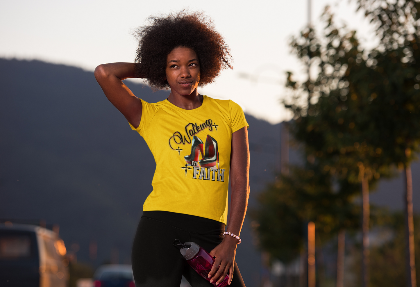 Walking by Faith Graphic Tee, Inspirational Unisex Jersey Short Sleeve T-Shirt, Faithful Footsteps in Red Bottom Shoes, Louboutin Shoe Graphic Religious Tee