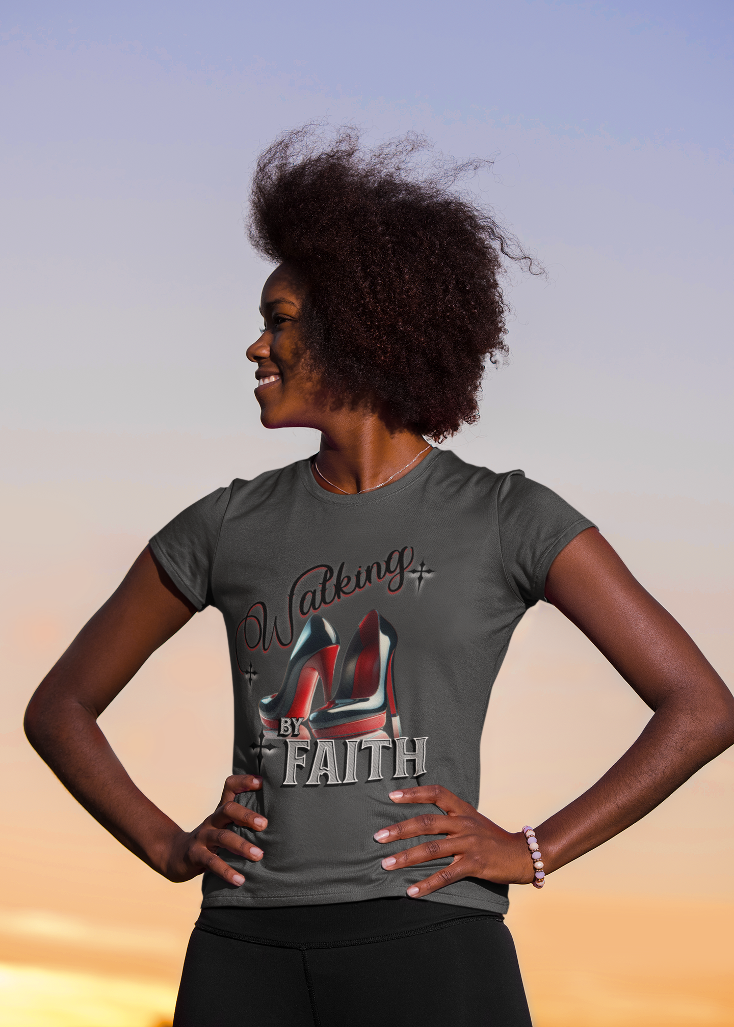 Walking by Faith Graphic Tee, Inspirational Unisex Jersey Short Sleeve T-Shirt, Faithful Footsteps in Red Bottom Shoes, Louboutin Shoe Graphic Religious Tee