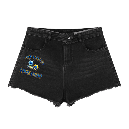 My Genes Make Me Look Good – Women's Vintage Wash High Rise Graphic Denim Shorts