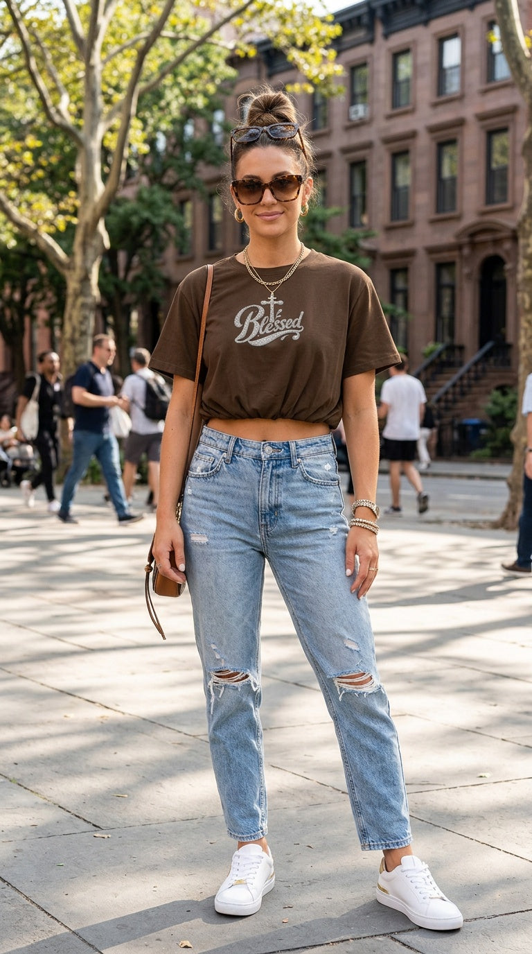 Blessed Women's Crop Bubble Hem T-Shirt – Short Sleeve Cotton Top
