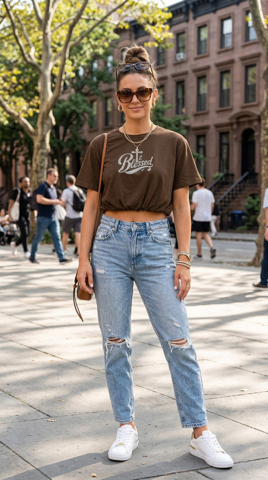 Blessed Women's Crop Bubble Hem T-Shirt – Short Sleeve Cotton Top