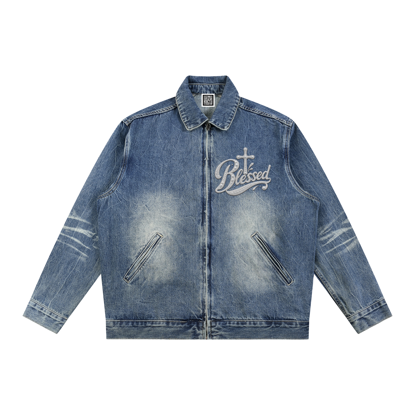Blessed – Unisex Vintage Wash Zip-Up Denim Jacket