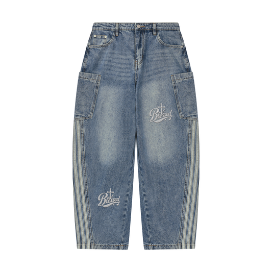 Blessed – Women's Vintage Wash Barrel Leg Graphic Jeans