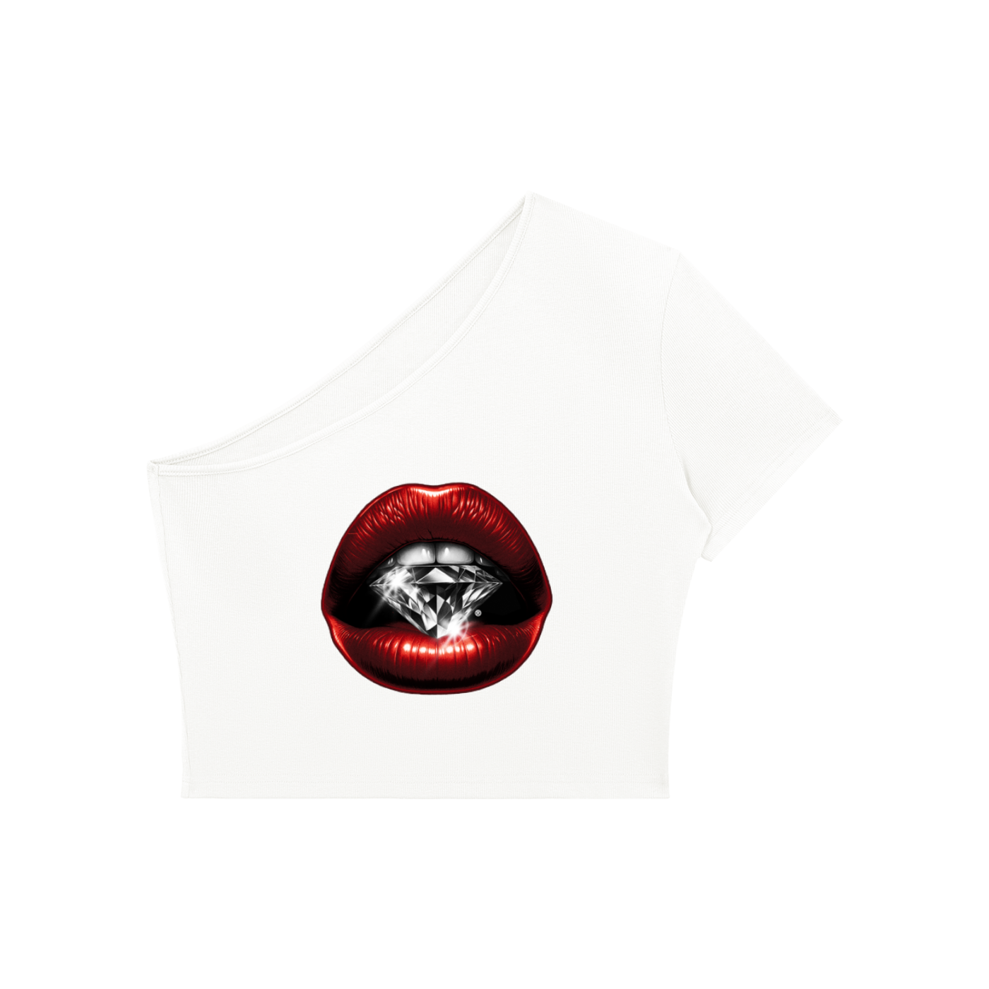 Women's One-Shoulder Crop T-Shirt – Red Lips Print | Bodycon Summer Top