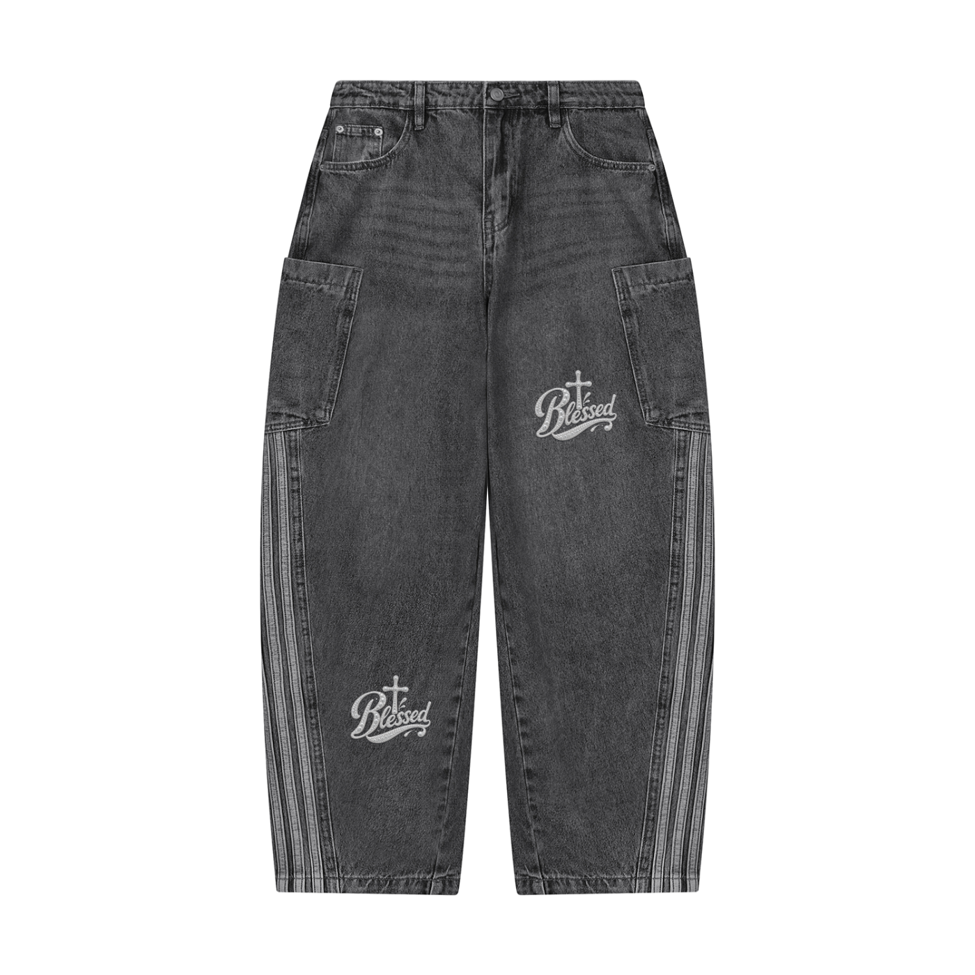 Blessed – Women's Vintage Wash Barrel Leg Graphic Jeans
