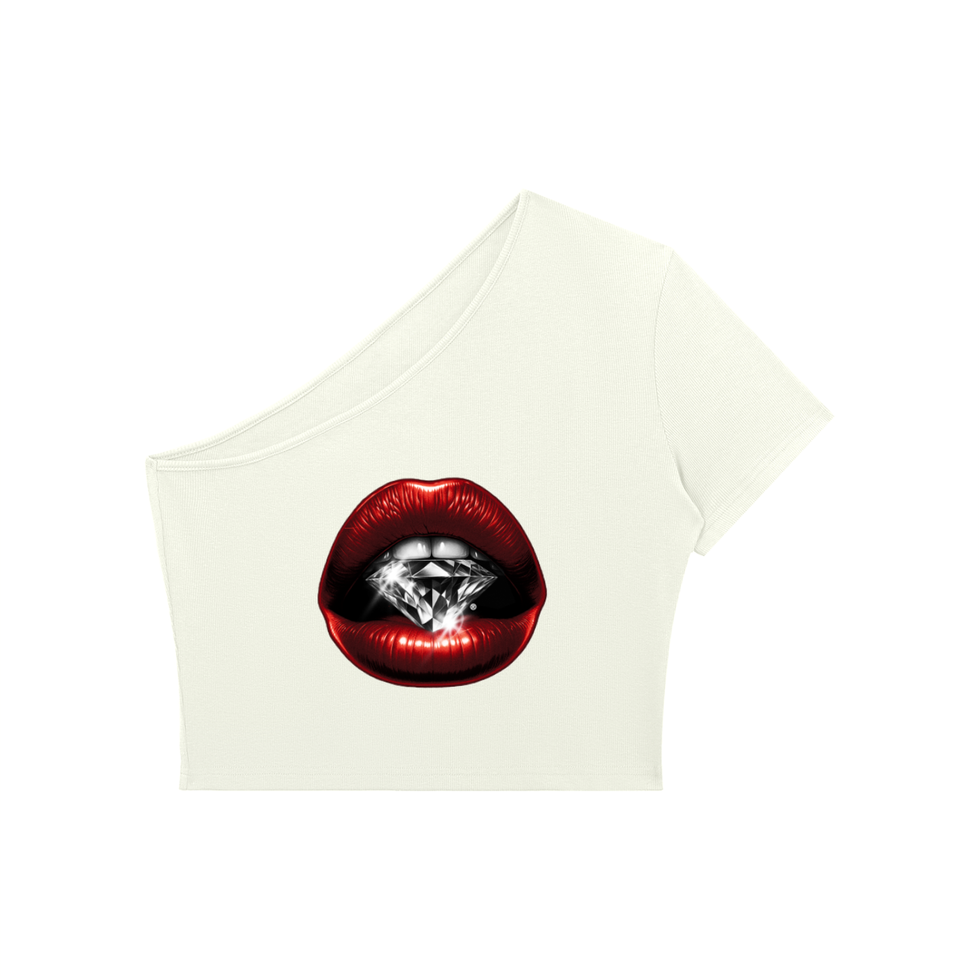 Women's One-Shoulder Crop T-Shirt – Red Lips Print | Bodycon Summer Top
