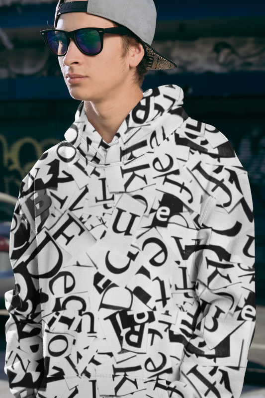 Unisex Black and White Creative Font Hoodie with Kangaroo Pockets, Unique Sleek and Comfortable
