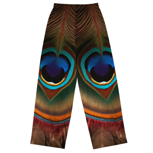 Peacock Print Wide-Leg Pants – Stretch Jersey Pants with Pockets
