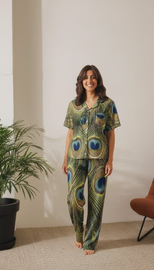Peacock Print Women’s Short Sleeve Pajama Top