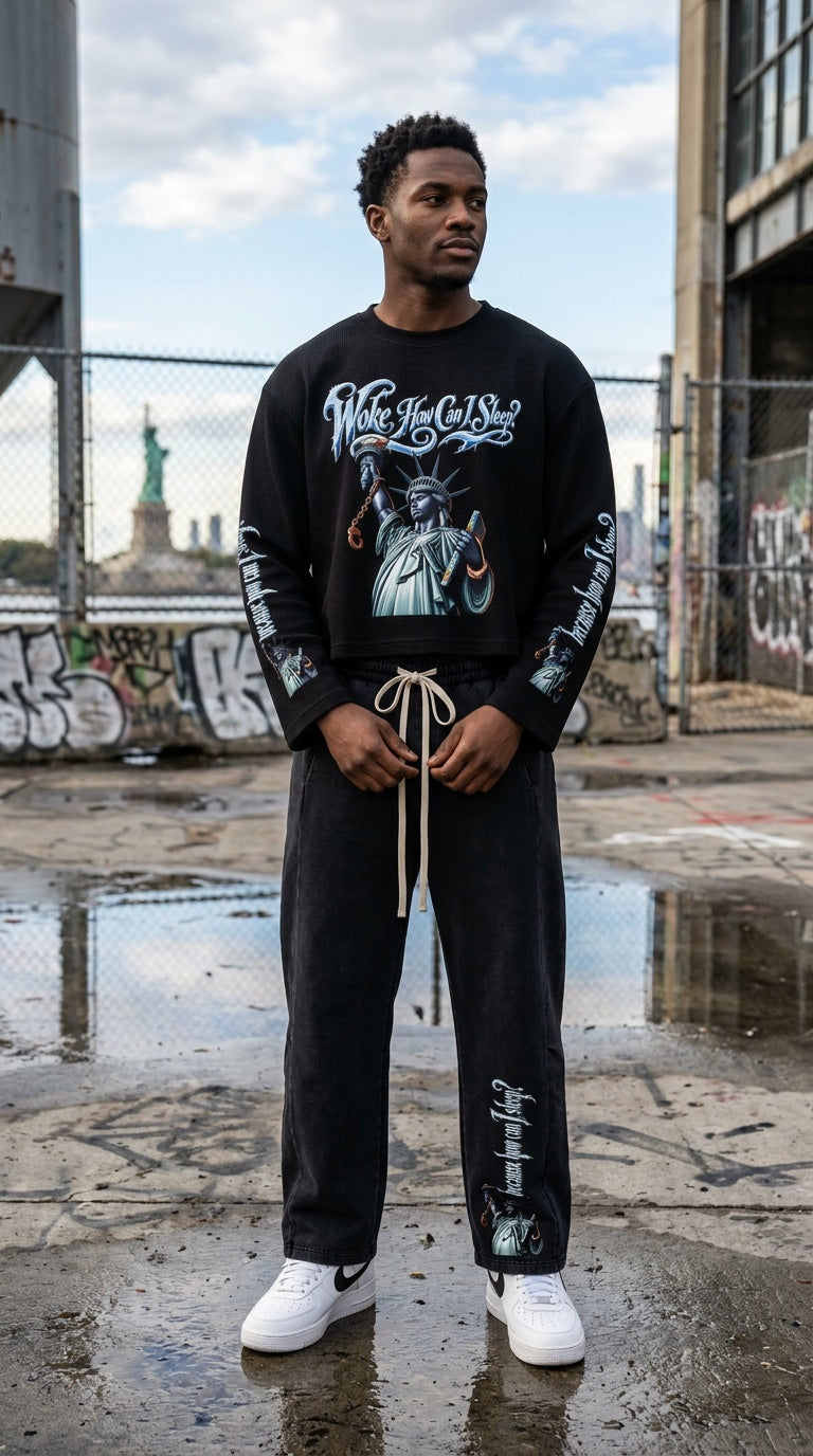 "Woke" Unisex Waffle Knit Raw Edge Graphic Long-Sleeve Tee